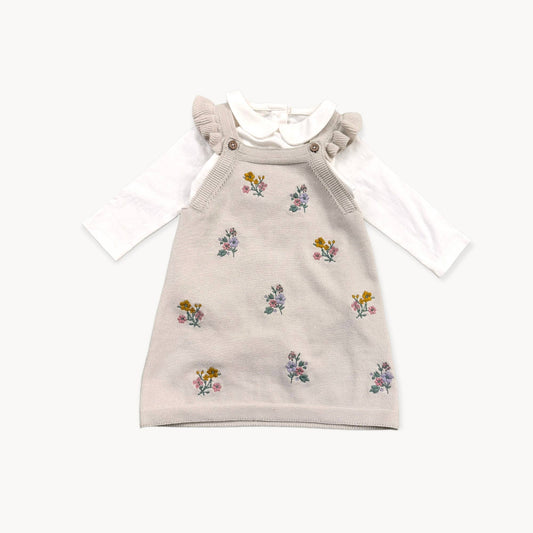 Floral Embroidered Tunic Baby Knit Dress Set (Organic): 12-18 / Stone