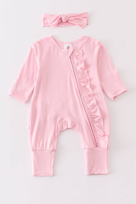 Blush bamboo ruffle zipper 2pc baby romper: NB